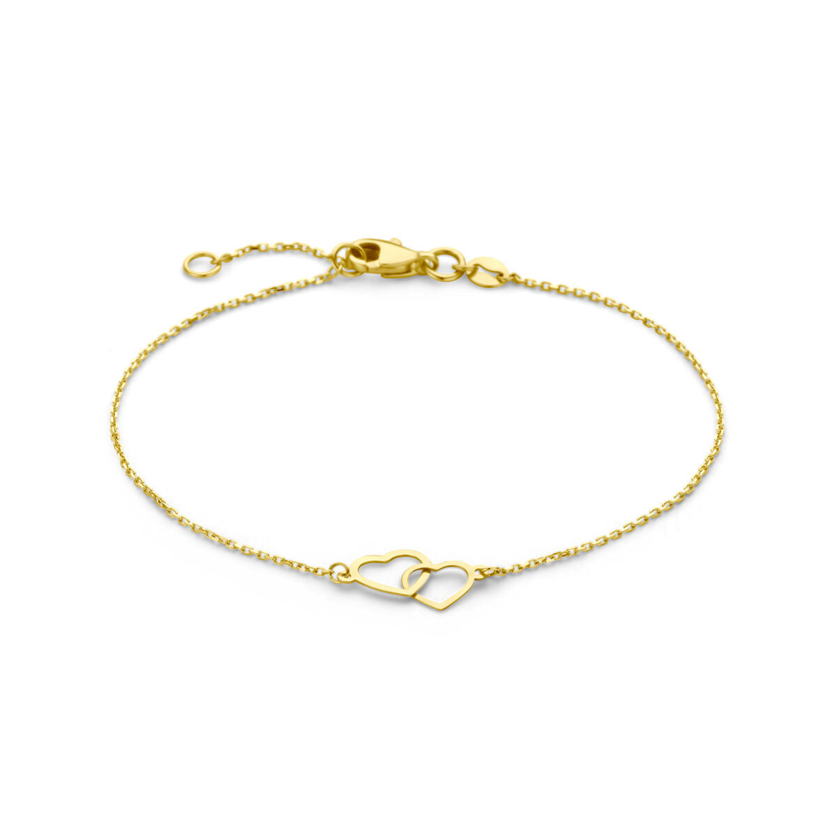 Pulsera dorada de corazones de 14K con cadena delicada y cierre de langosta.
