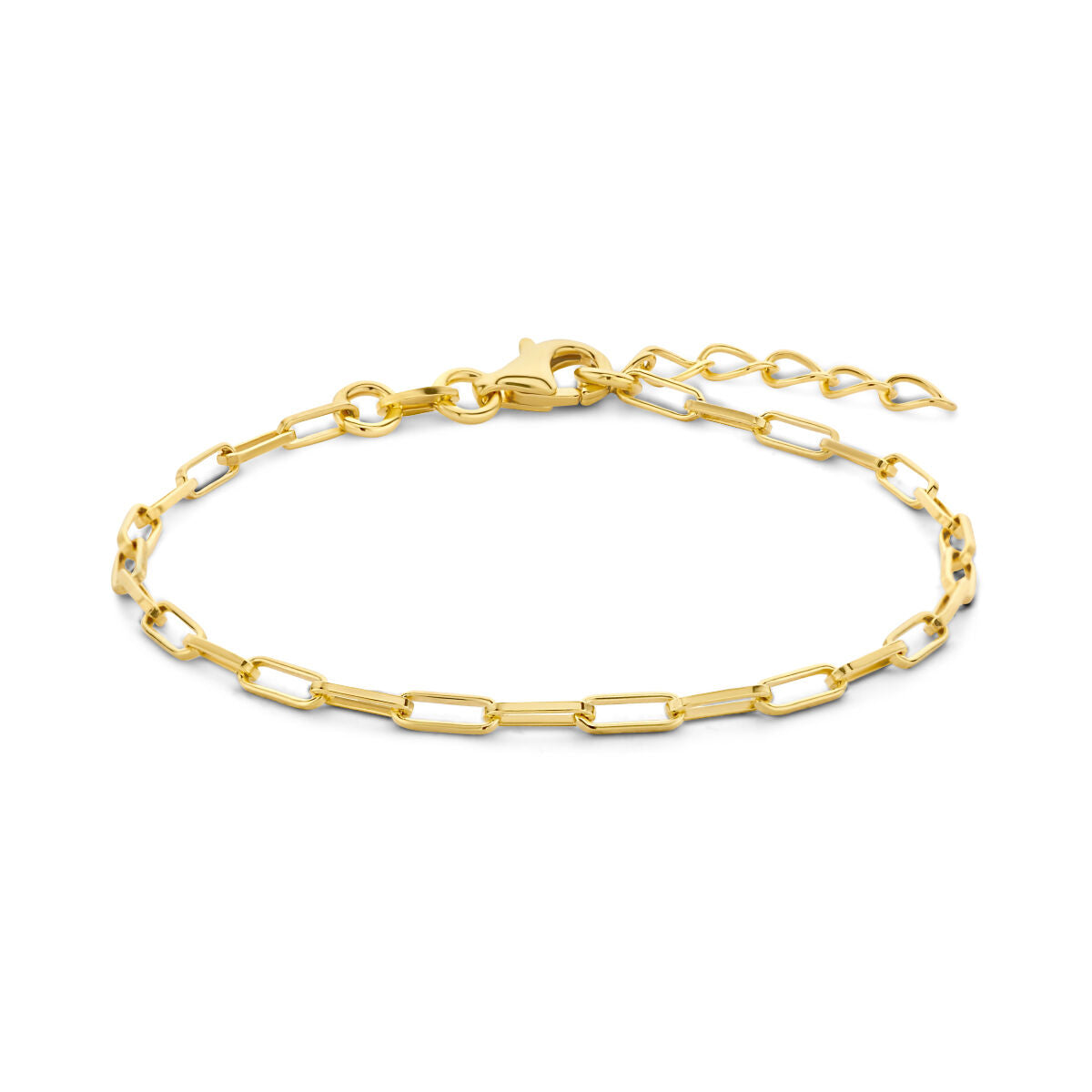 Pulsera de eslabones en forma de clip de papel, dorada, con detalles cuadrados y cierre ajustable.