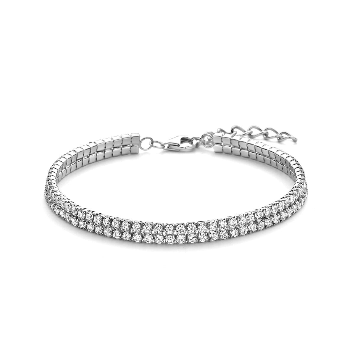 Pulsera de plata de dama con circonitas, acabado en rodio, diseño delgado y brillante.