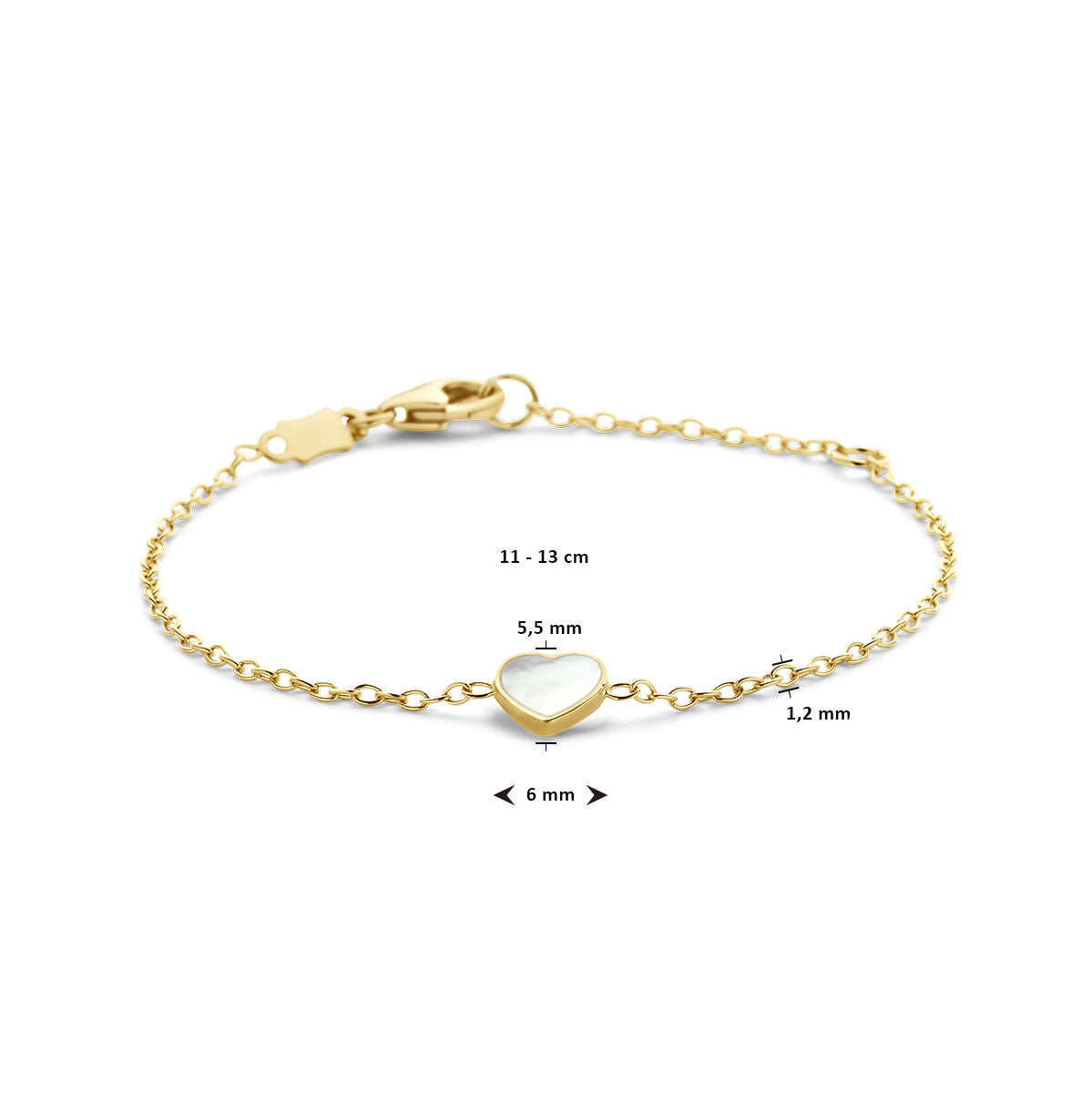 De Van der Kooij Collectie Baby armband goud hart parelmoer 14K heeft een delicaat hart bedeltje (6x5,5mm), 11-13cm lengte en 1,2mm kettingdikte-perfect voor kleine polsjes.