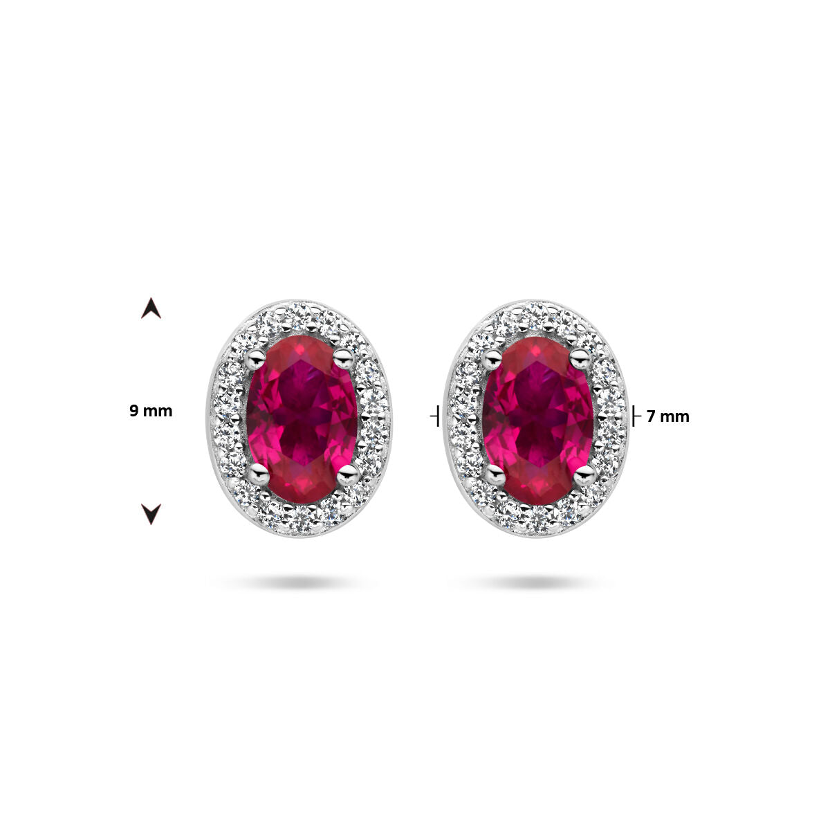 pendientes de botón de circonita roja y blanca halo de plata rodiada