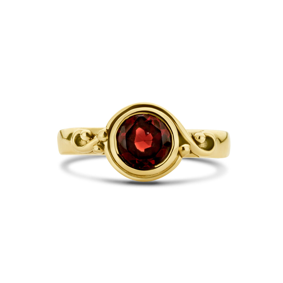 De Van der Kooij Collectie vintage ring granaat oxi 14K geelgoud heeft een ronde dieprode granaat en een ingewikkeld bandontwerp-een tijdloos sieraad voor dames.