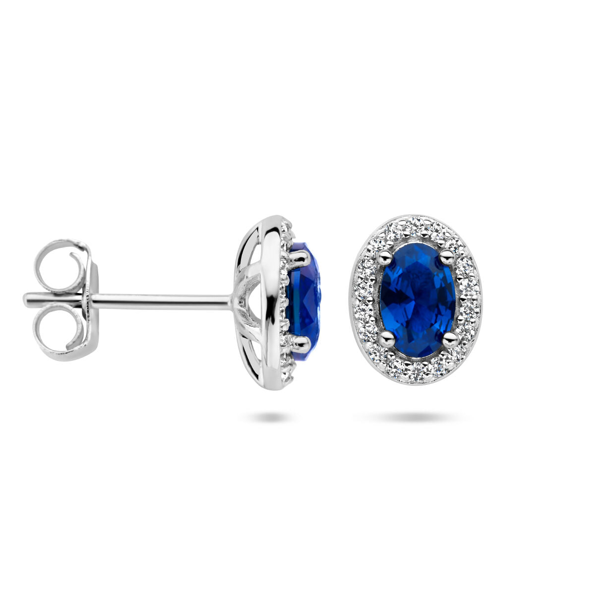 pendientes de botón azul y blanco circonita halo plata rodiada