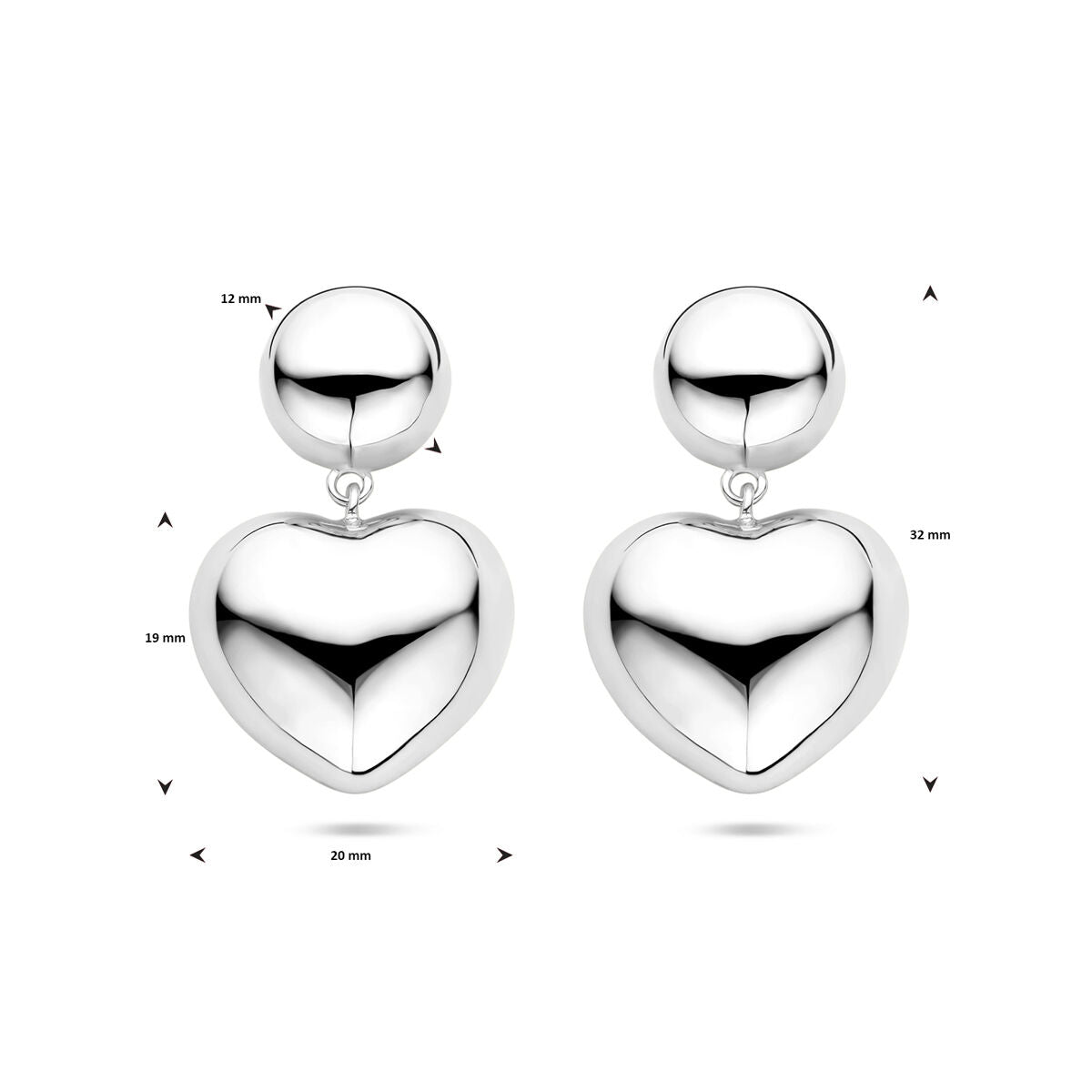 pendientes corazones 32 mm plata rodiado