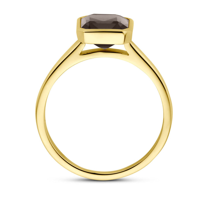 Een Van der Kooij Collectie ring rookkwarts 14K geelgoud, met een geometrische zetting met donkere rookkwarts, van opzij gezien om de band en de verhoogde steen te benadrukken.