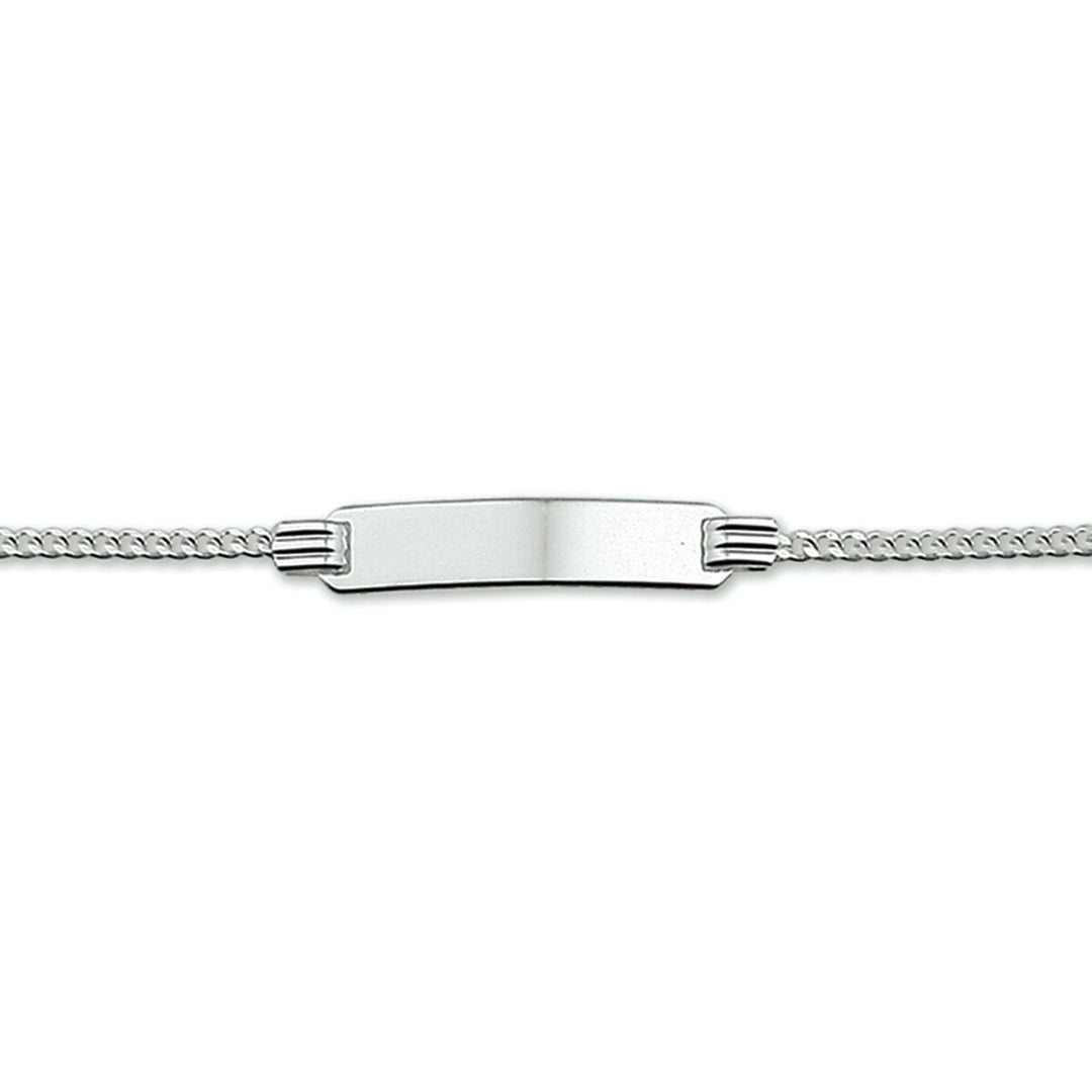 Pulsera gourmet de plata con placa grabable de 4,8 mm y longitud ajustable de 13 a 15 cm.