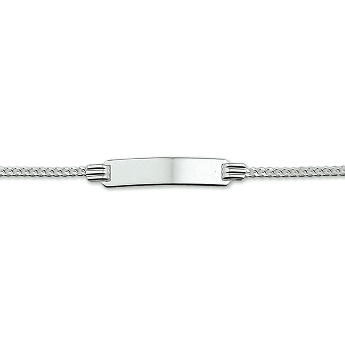 Pulsera gourmet de plata con placa grabable de 4,8 mm y longitud ajustable de 13 a 15 cm.