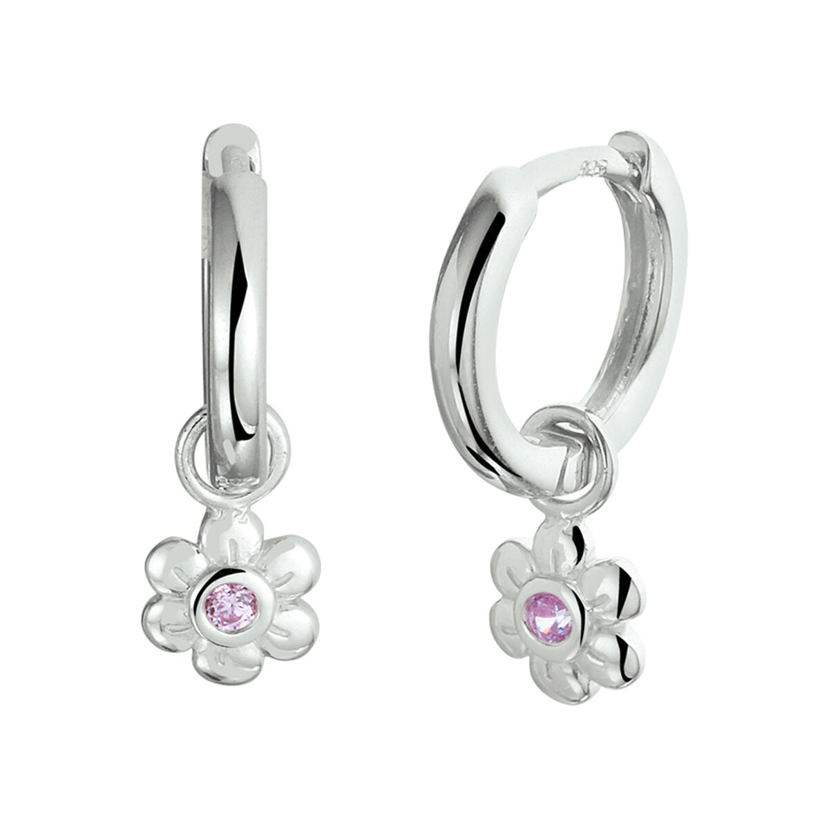 Aros de plata rhodium con flores y circonitas rosas.