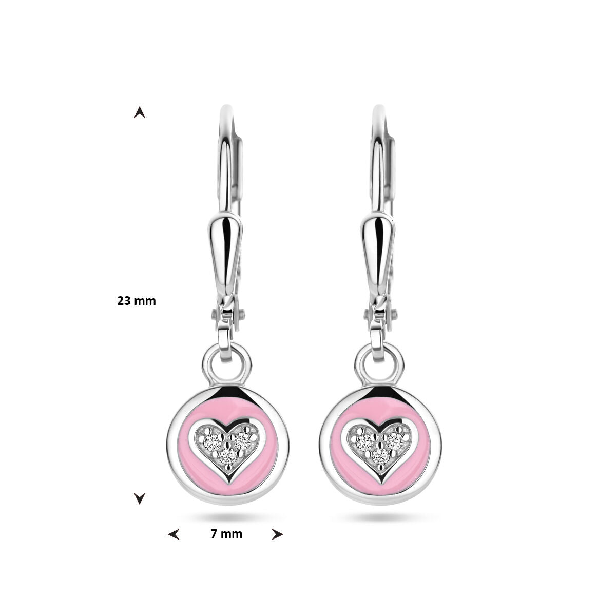 pendientes corazón de zirconia y esmalte rosa con gancho de plata rodiada