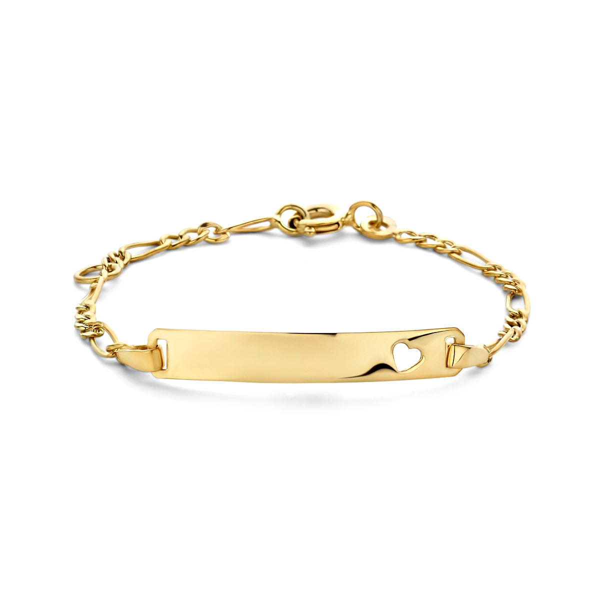 Pulsera de grabado en oro de 9 quilates con placa rectangular y corazón, de 4,0 mm de ancho.