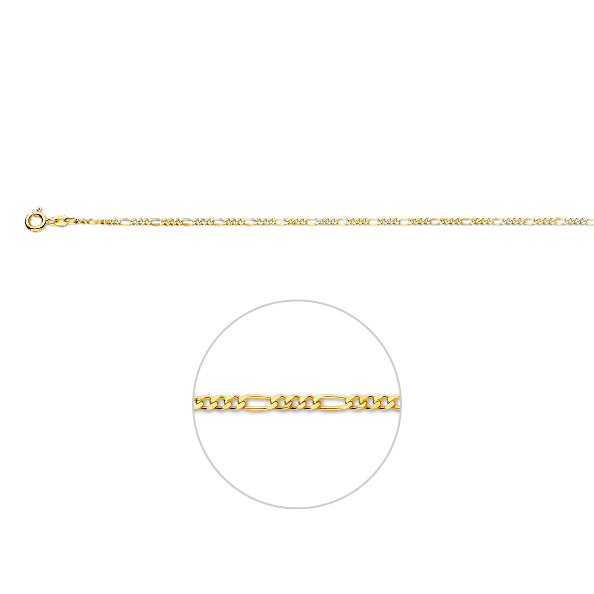 Cadena figaro de 9k, 1,9 mm, en color amarillo, con eslabones alternos.