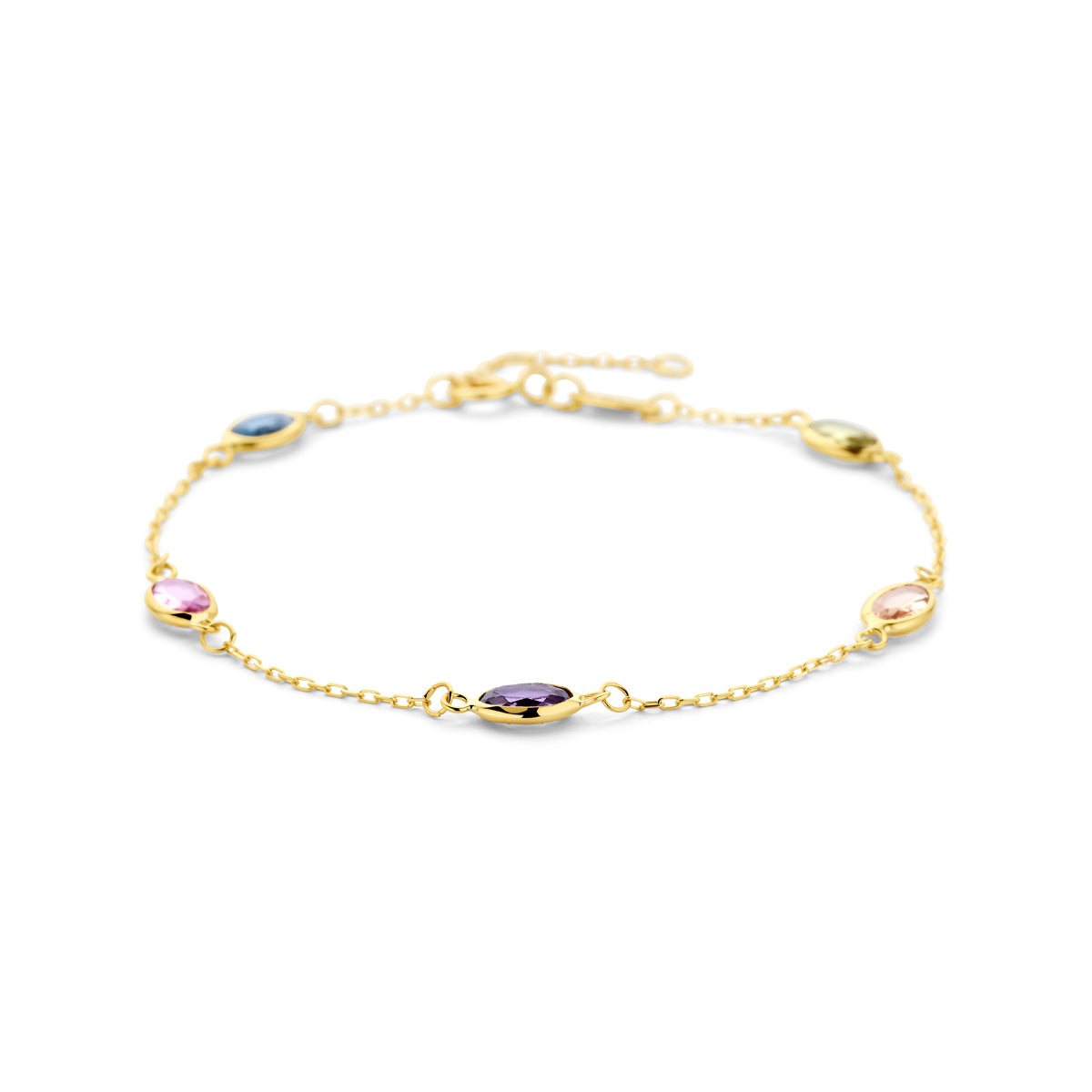 Pulsera de 9 quilates con piedras sintéticas de colores en forma ovalada.