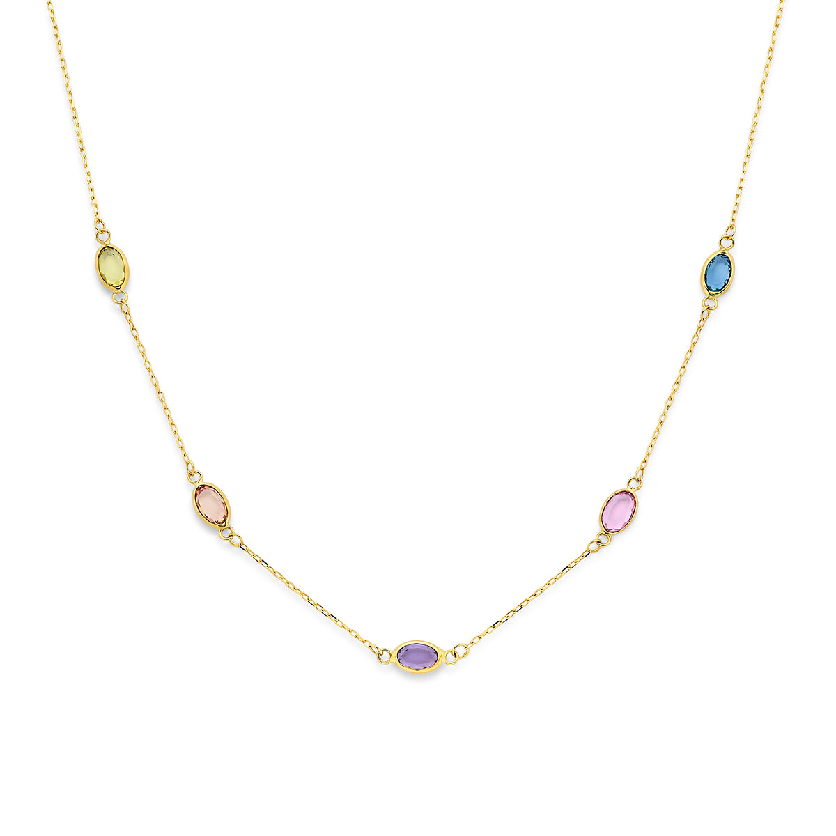 Collar de 9k con piedras sintéticas en tonos amarillo, rosa, azul y violeta.