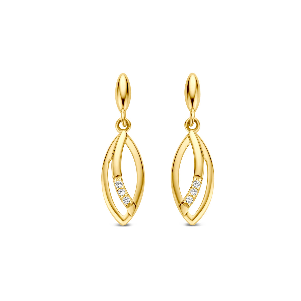 Pendientes largos de oro amarillo de 9k con zircón, en forma de hoja y 18 mm de largo.