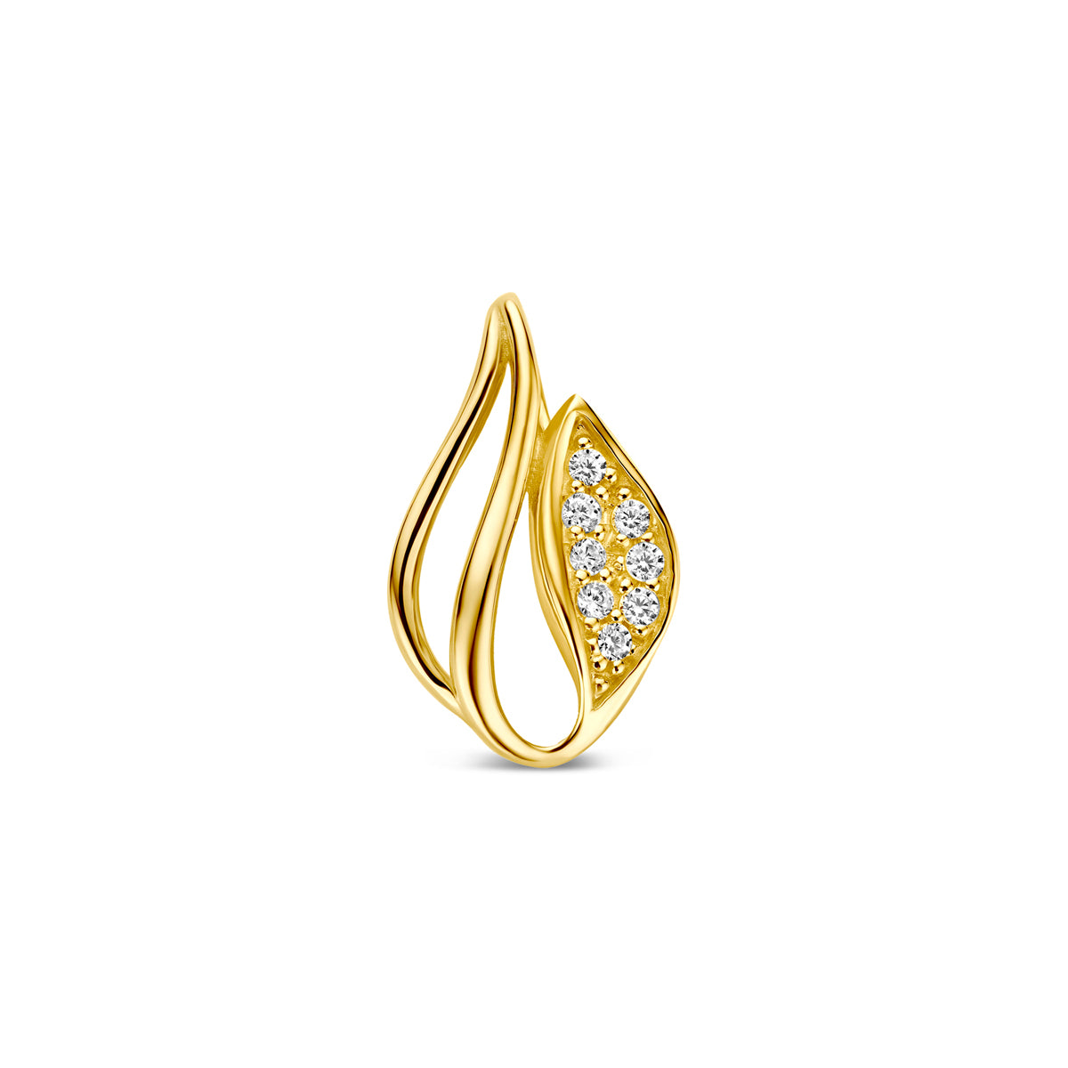 Colgante de oro amarillo de 9 quilates con forma de hoja y circonitas brillantes.