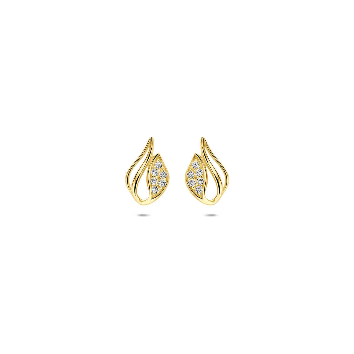 Pendientes de oro amarillo de 9k con diseño en forma de hoja y detalles brillantes.