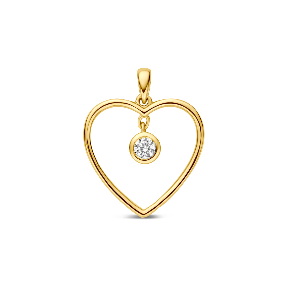 Colgante en forma de corazón dorado de 9k con una zircónia en el centro.