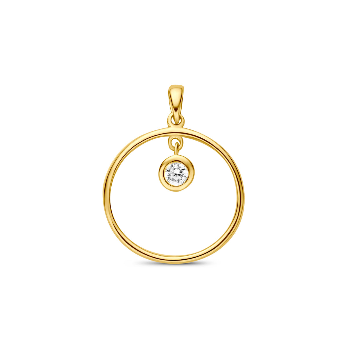 Colgante redondo de 9K amarillo con circonita de 13 mm en el centro.