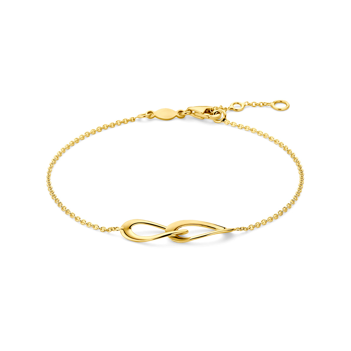 Pulsera de 9 quilates en color amarillo con diseño de infinito y cadena delicada.