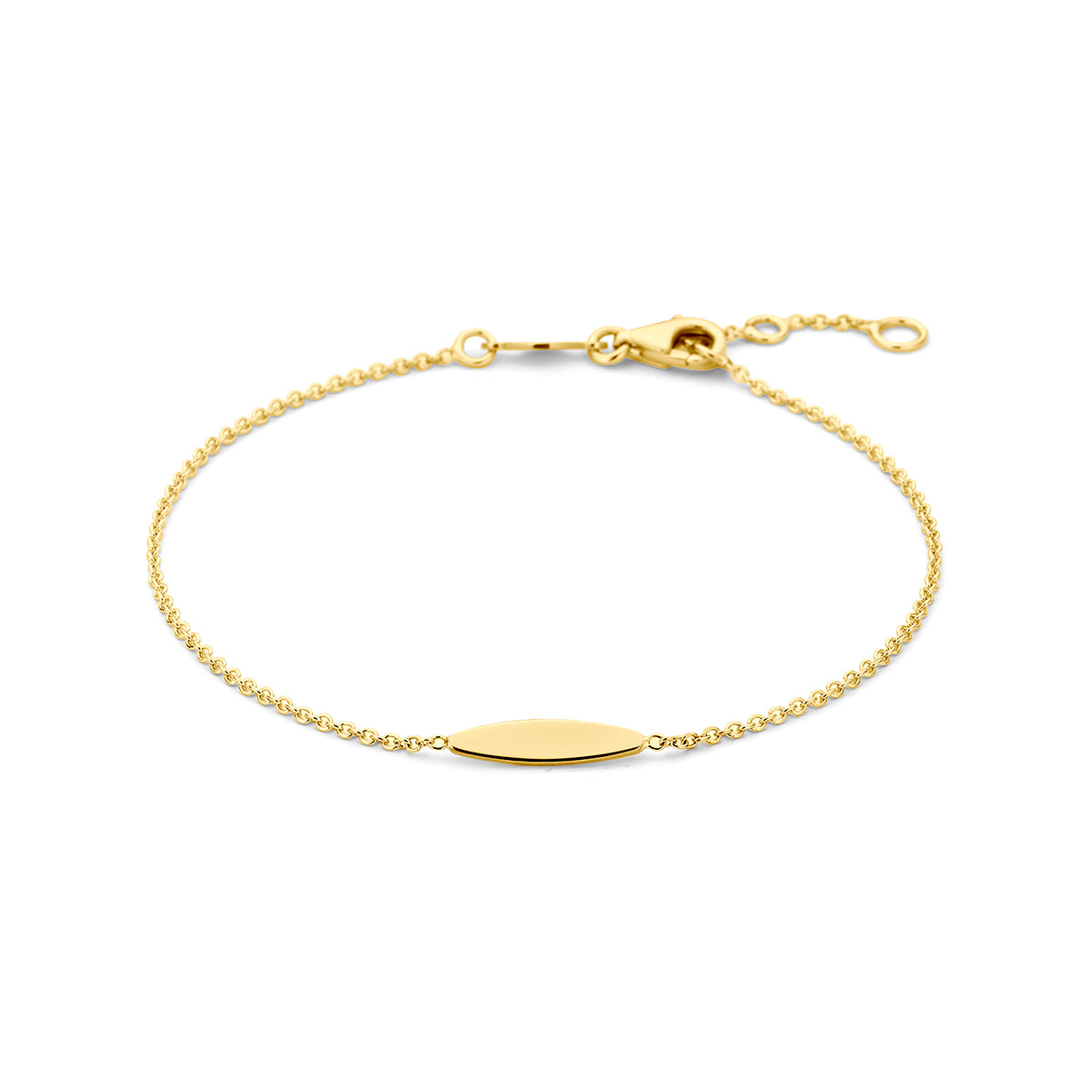 Pulsera de 9 quilates en color amarillo con eslabones delicados y una placa ovalada.