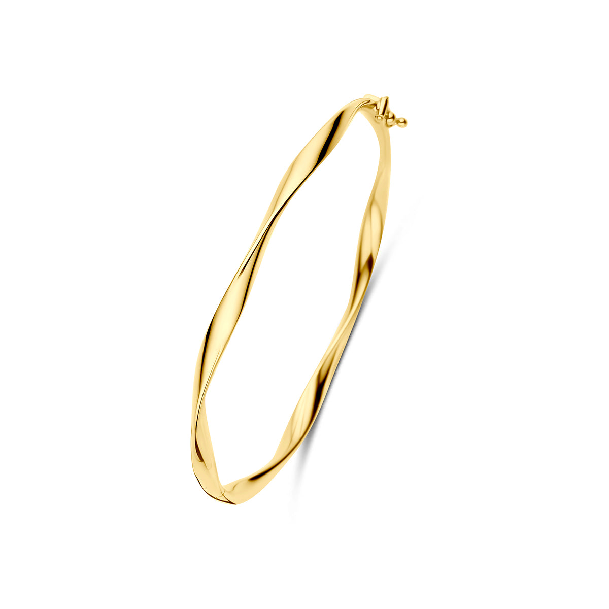 Brazalete de 9 quilates con diseño retorcido, acabado dorado, forma tubular y cierre.