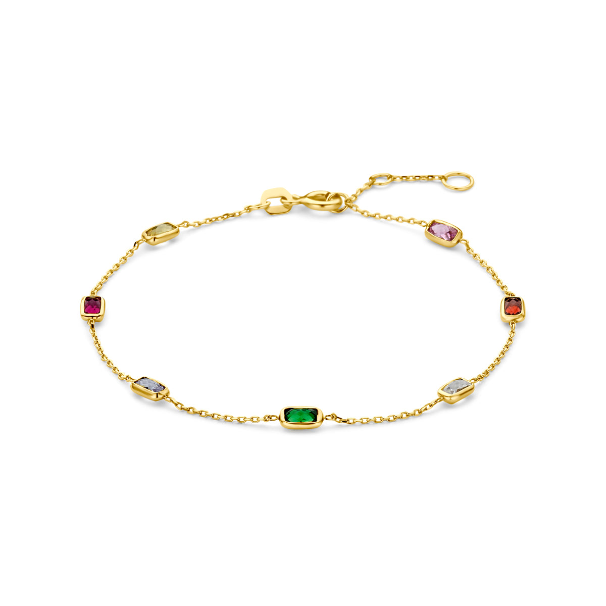 Pulsera de 9 quilates con zircóns de colores en forma rectangular y cadena dorada.
