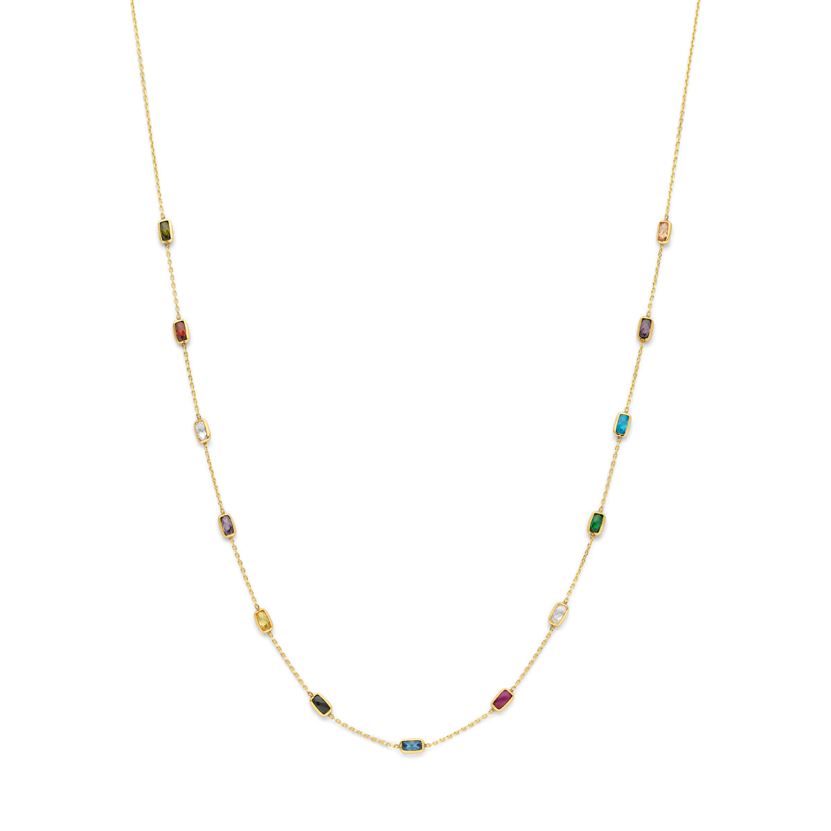 Collar de 9k con zirconias de colores en una cadena fina dorada, longitud ajustable de 41 a 45 cm.