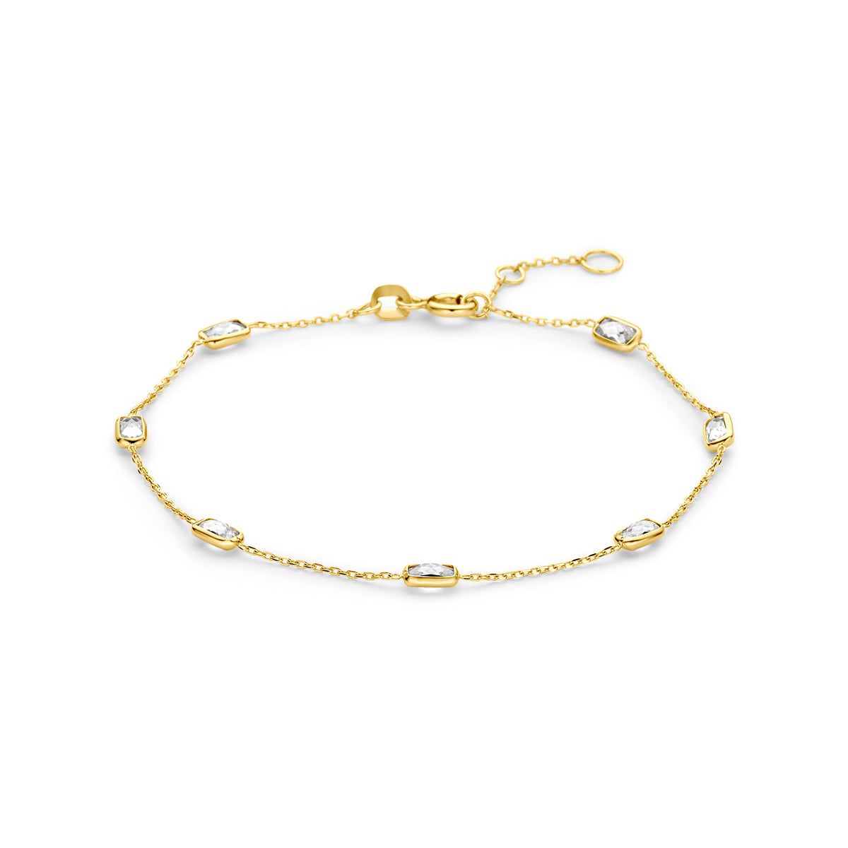 Pulsera de 9 quilates en color amarillo con zircón, con eslabones ovalados y cierre de langosta.