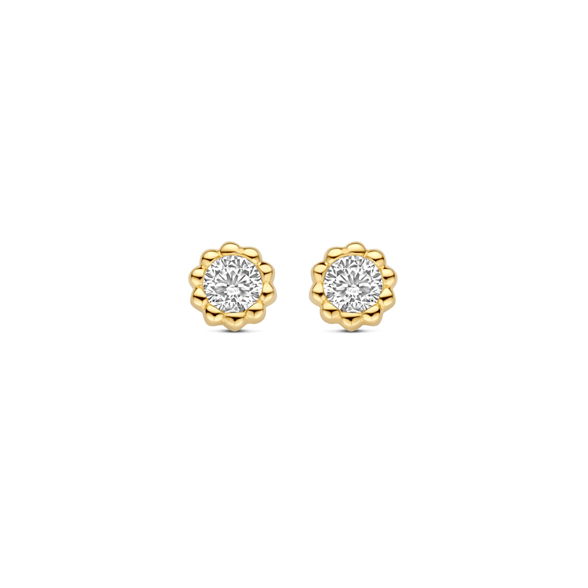 Pendientes de oro amarillo de 9 quilates con circonitas de 5,5 mm en forma de flor.