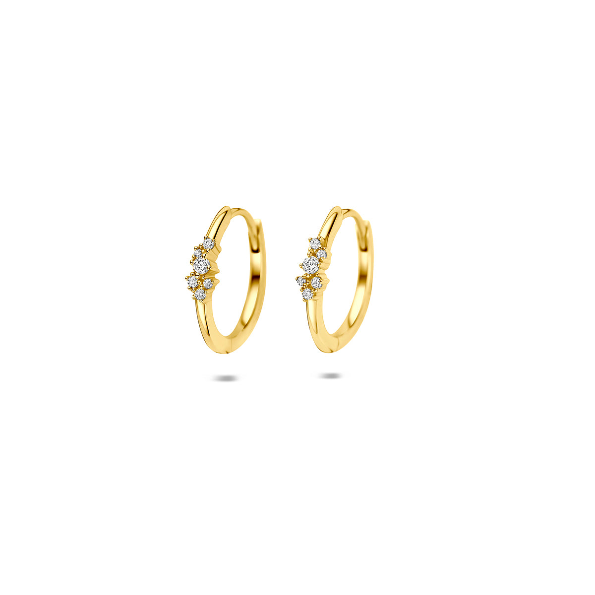 Aros de oro amarillo de 9k con tres circonitas, diámetro de 12,5 mm.