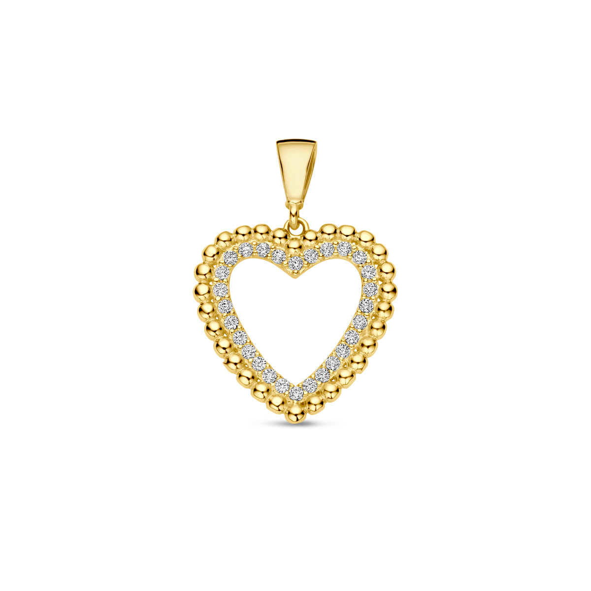 Colgante en forma de corazón de 9 quilates, con zirconias brillantes y borde de bolitas doradas.