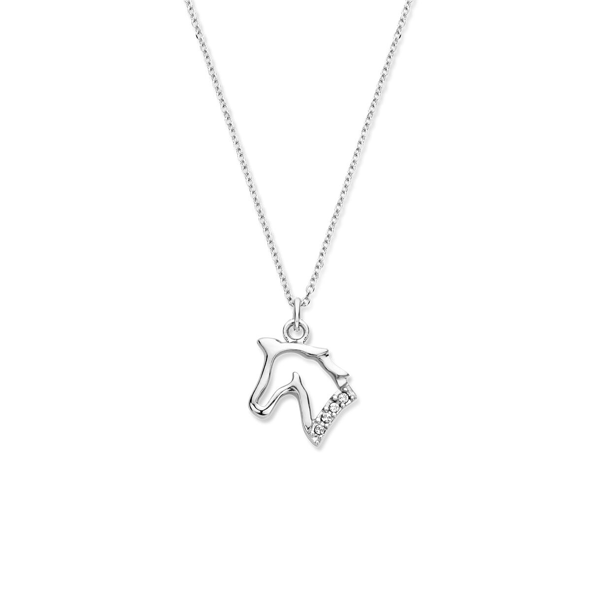 Collar de plata rhodium con colgante de cabeza de caballo y cadena de 36 + 3 cm.