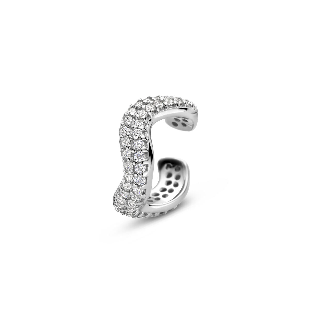 Ear cuff de plata con pavé de circonitas, acabado rodiado y diseño ondulado.