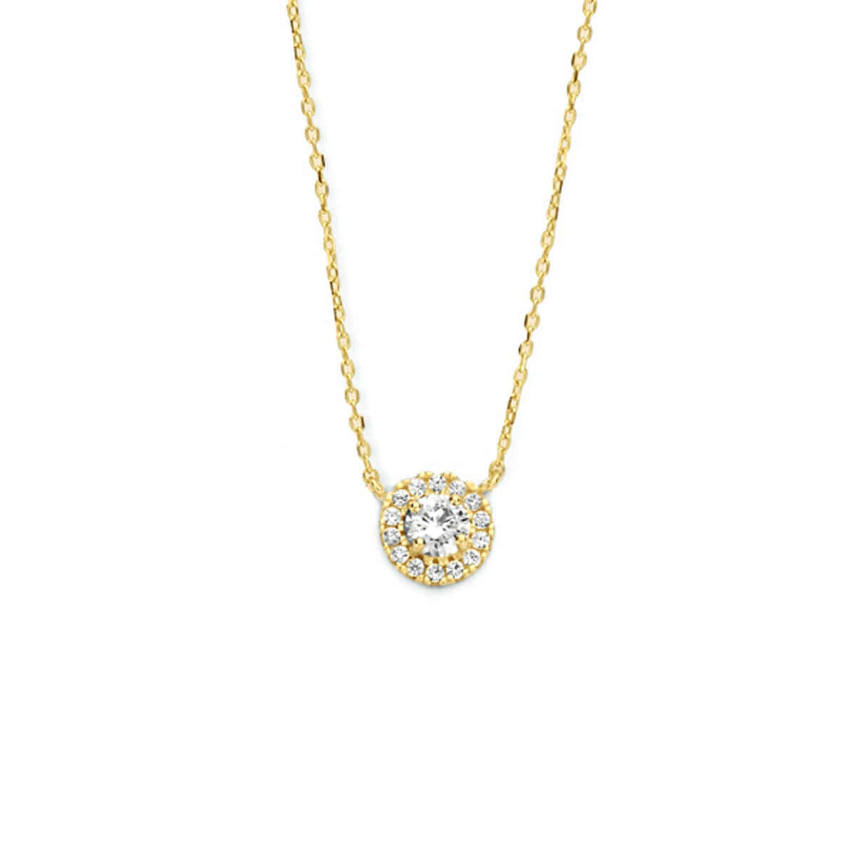 Collar de oro amarillo de 14K con zircón, cadena delicada y colgante en forma de halo.