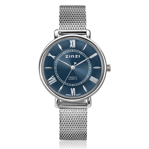 Reloj plateado con esfera azul, números romanos y correa de malla.