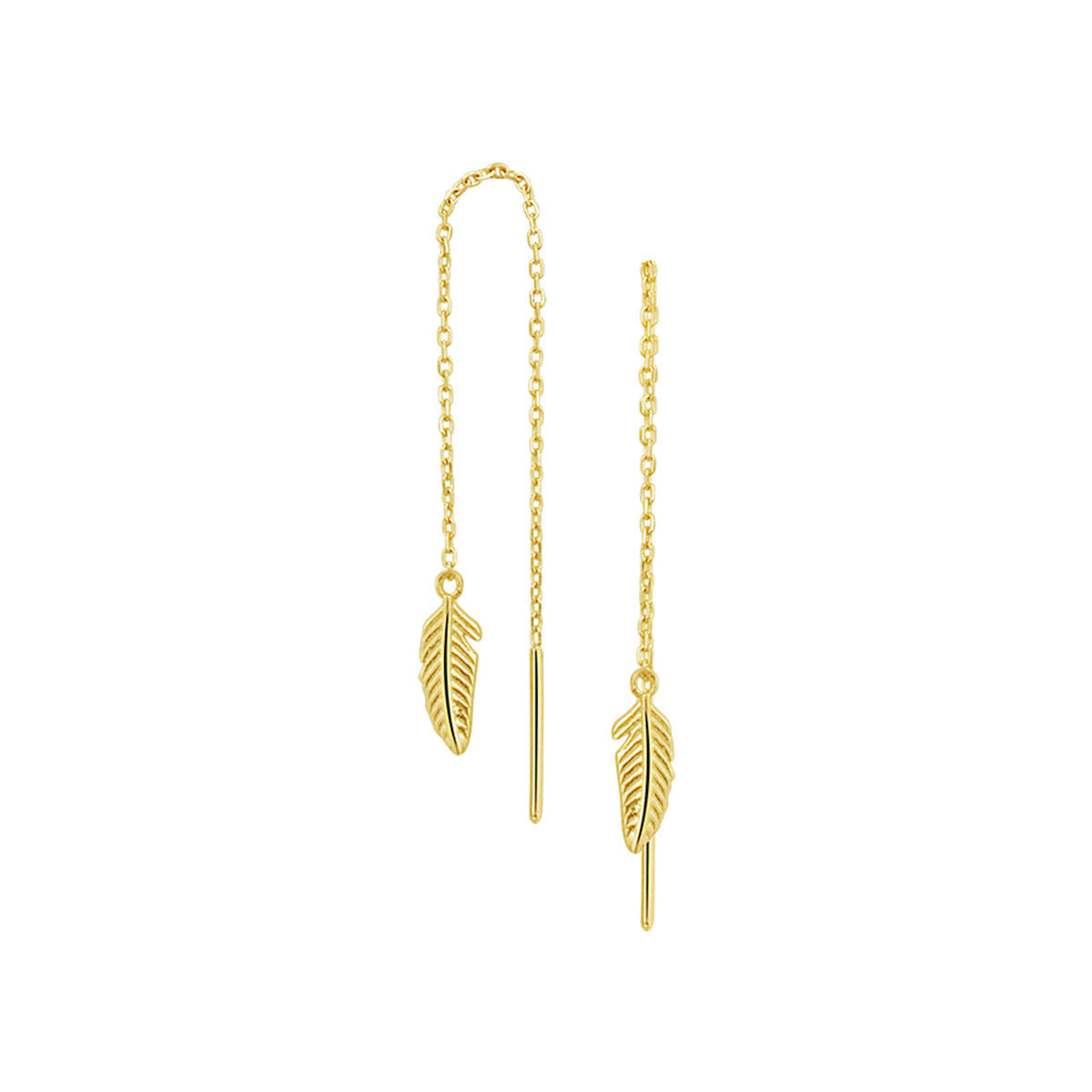 Pendientes largos de 14K en oro amarillo con diseño de pluma.