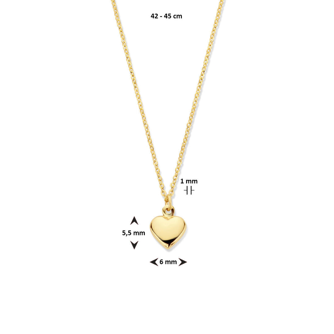 De Gouden dames ketting 14K van Van der Kooij Collectie heeft een fijne schakel (42-45 cm) en een gepolijst hartje als hanger-een ideaal sieraad voor Valentijnsdag.