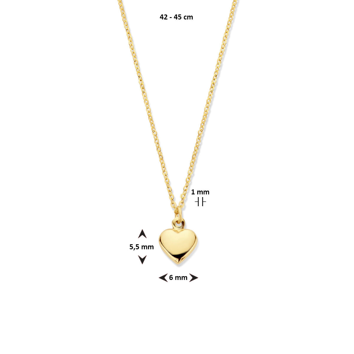 De Gouden dames ketting 14K van Van der Kooij Collectie heeft een fijne schakel (42-45 cm) en een gepolijst hartje als hanger-een ideaal sieraad voor Valentijnsdag.