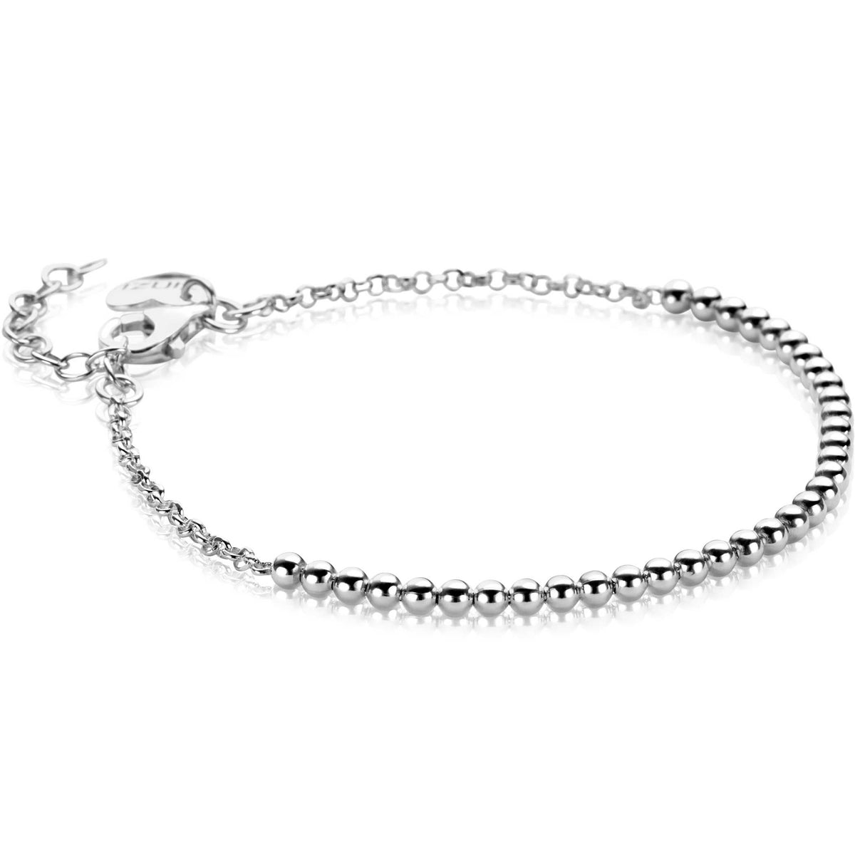 Pulsera de plata con esferas brillantes y cadena ajustable.