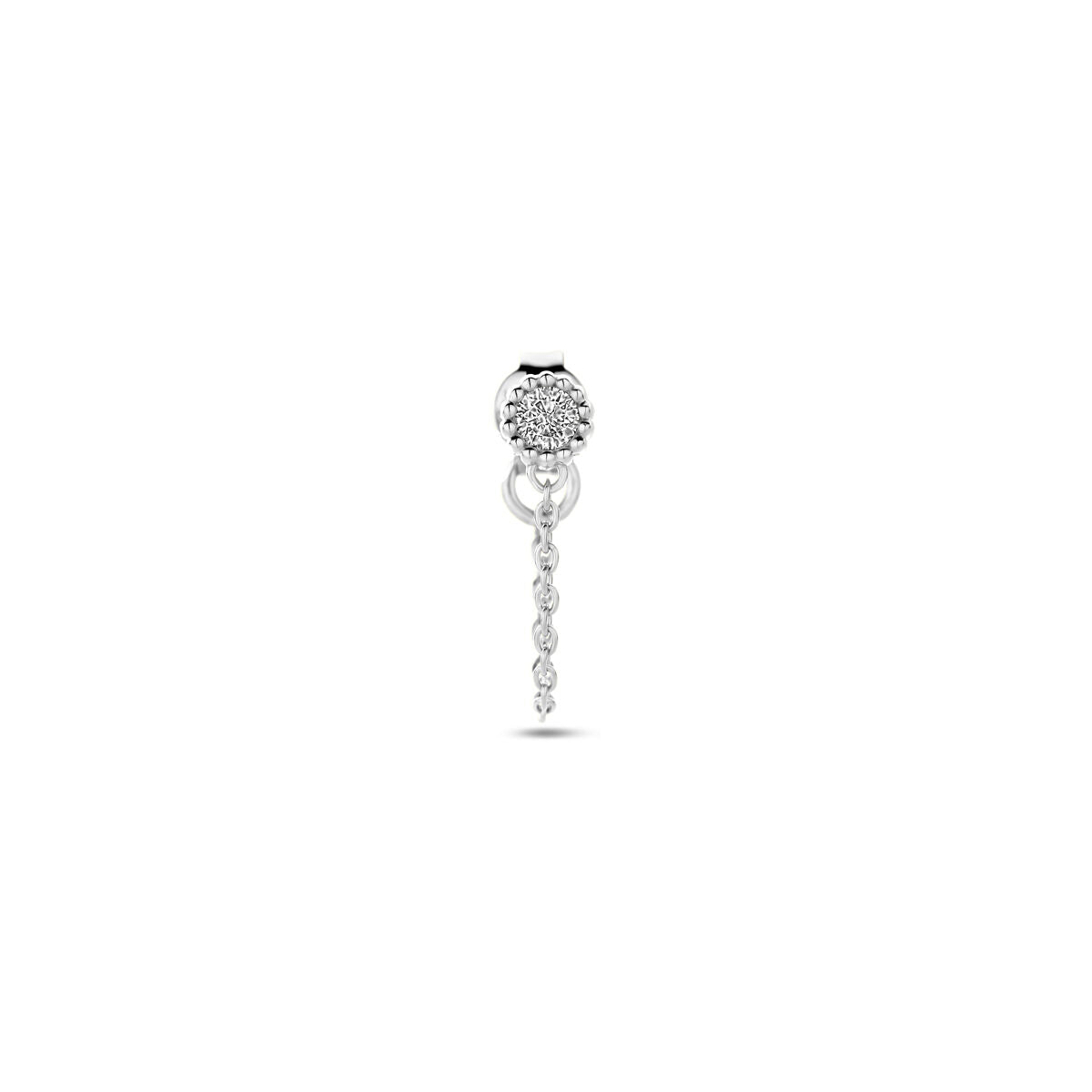 Pendiente de botón de plata rodiada con zirconia y cadena colgante.