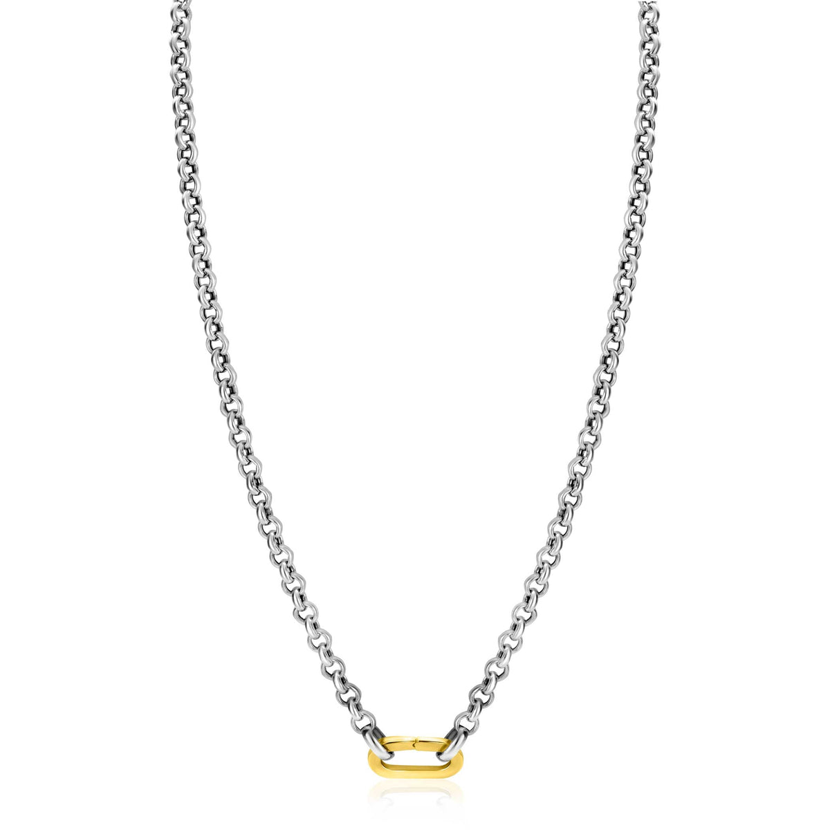 Collar de plata con eslabones y un detalle dorado en forma rectangular.