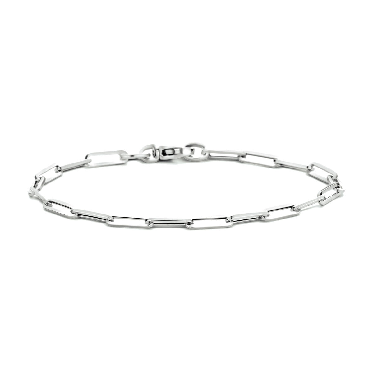 Pulsera de mujer en oro blanco de 14K con eslabones en forma de clip de papel y tubo cuadrado.