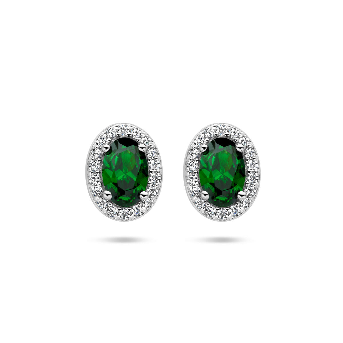 Pendientes de halo con zircón verde y blanco, en plata rodiada.