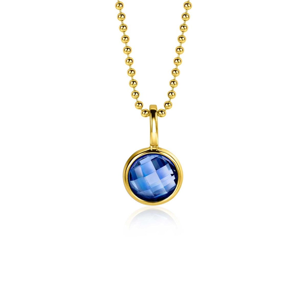 Colgante dorado con piedra azul en forma redonda y cadena de bolitas.