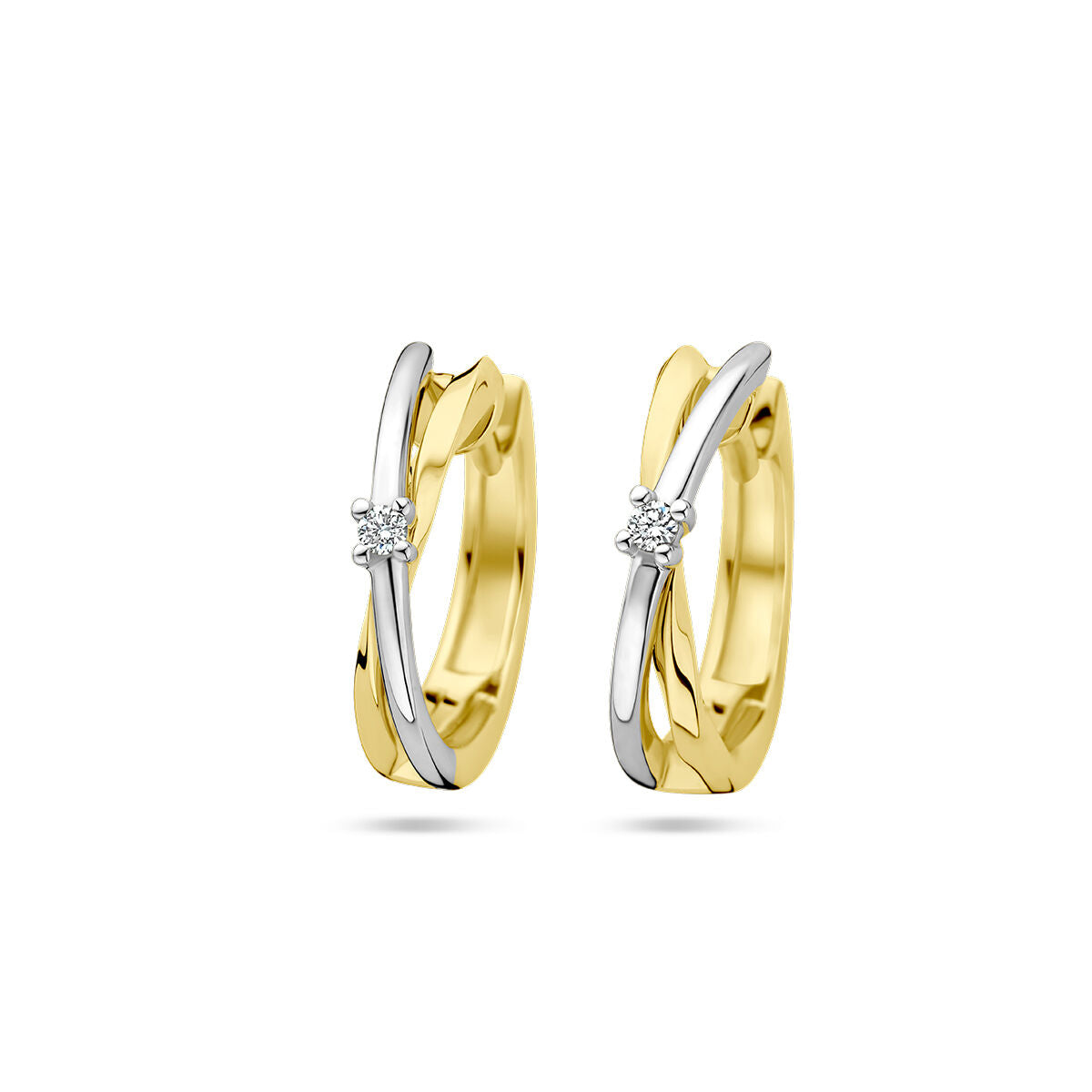 Pendientes de aro bicolor en oro amarillo y blanco con diamantes de 0.03 ct.