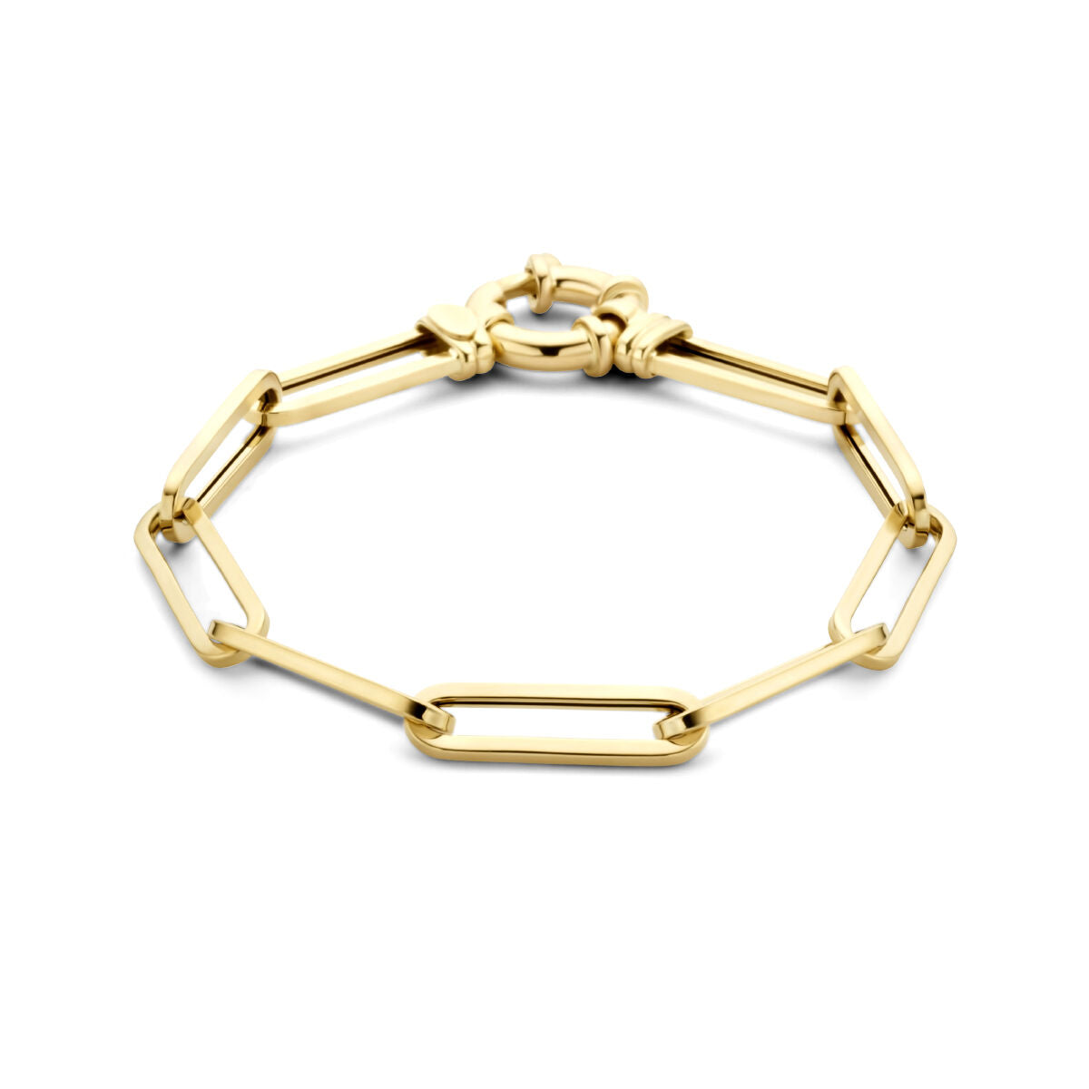 Pulsera de eslabones en forma de clip de papel, de 14K oro amarillo, con cierre de resorte grande.