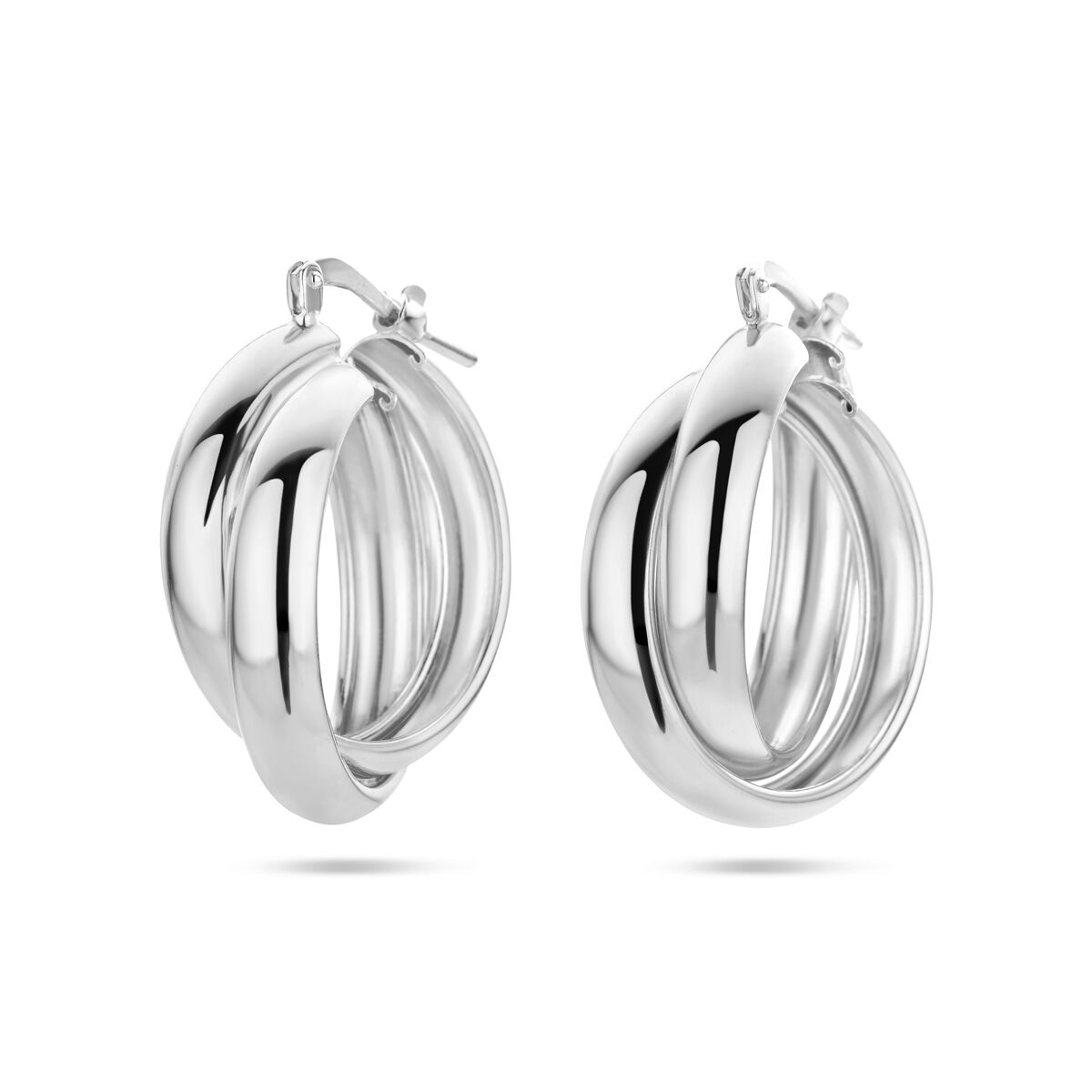 Aros de plata rodiada con un diseño entrelazado y brillante.