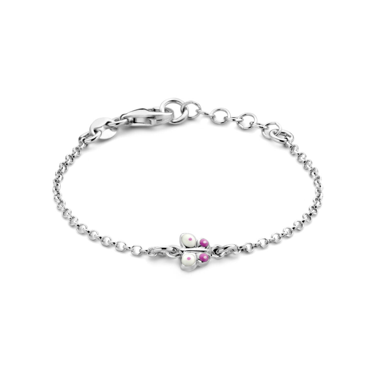 Pulsera de plata rodiada con diseño de mariposa y detalles en perlas y piedras de color rosa.