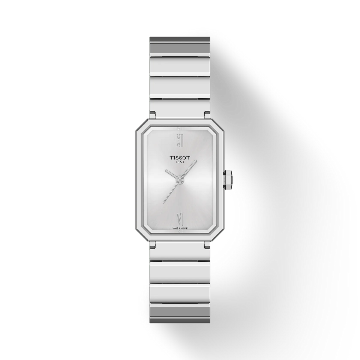 Reloj de dama Tissot de acero inoxidable, esfera plateada y forma octagonal.