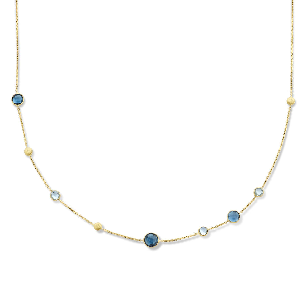 Cadena de oro de 14K con círculos y piedras de london blue y topacio azul.